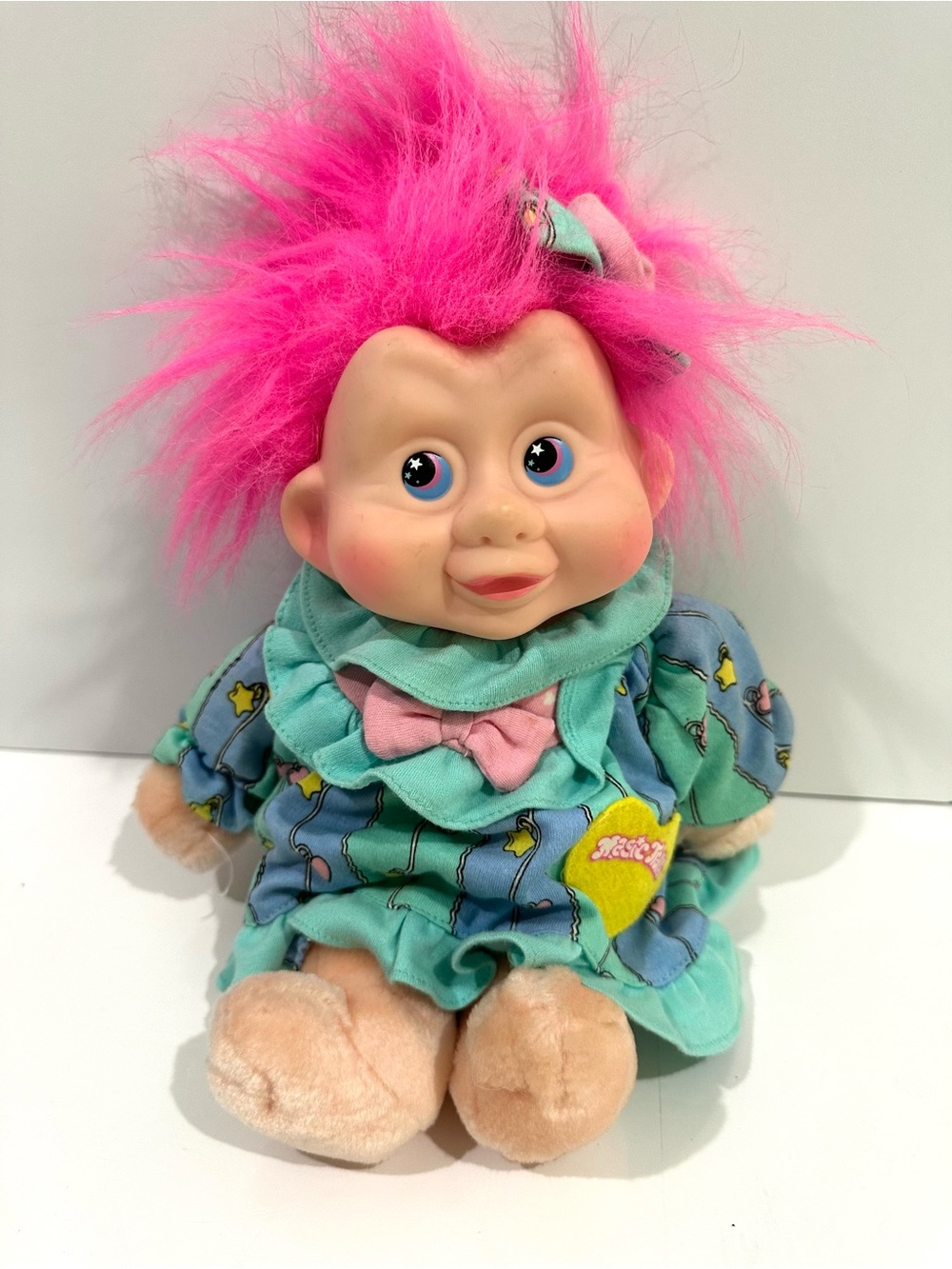 Vintage 1991 Applause 13" Magic Trolls Plush Stuffed Doll Teal w Pink Hair